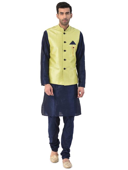 navy blue solid kurta pyjama ethnic wear set with green nehru jacket - 17548188 - Standard Image - 1