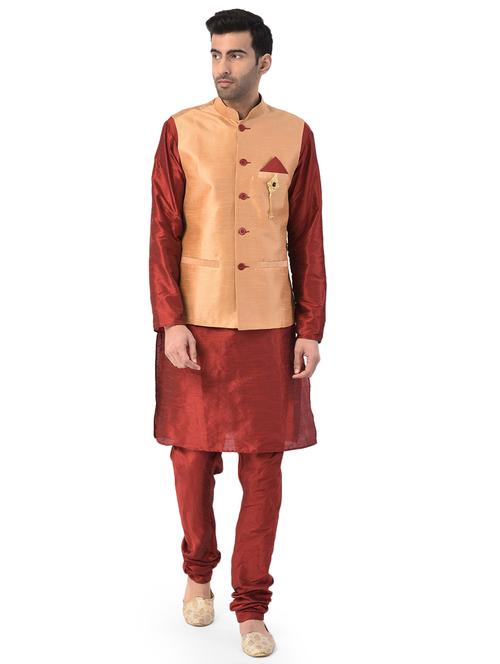 maroon solid kurta pajama ethnic wear set with orange nehru jacket - 17548196 - Standard Image - 1