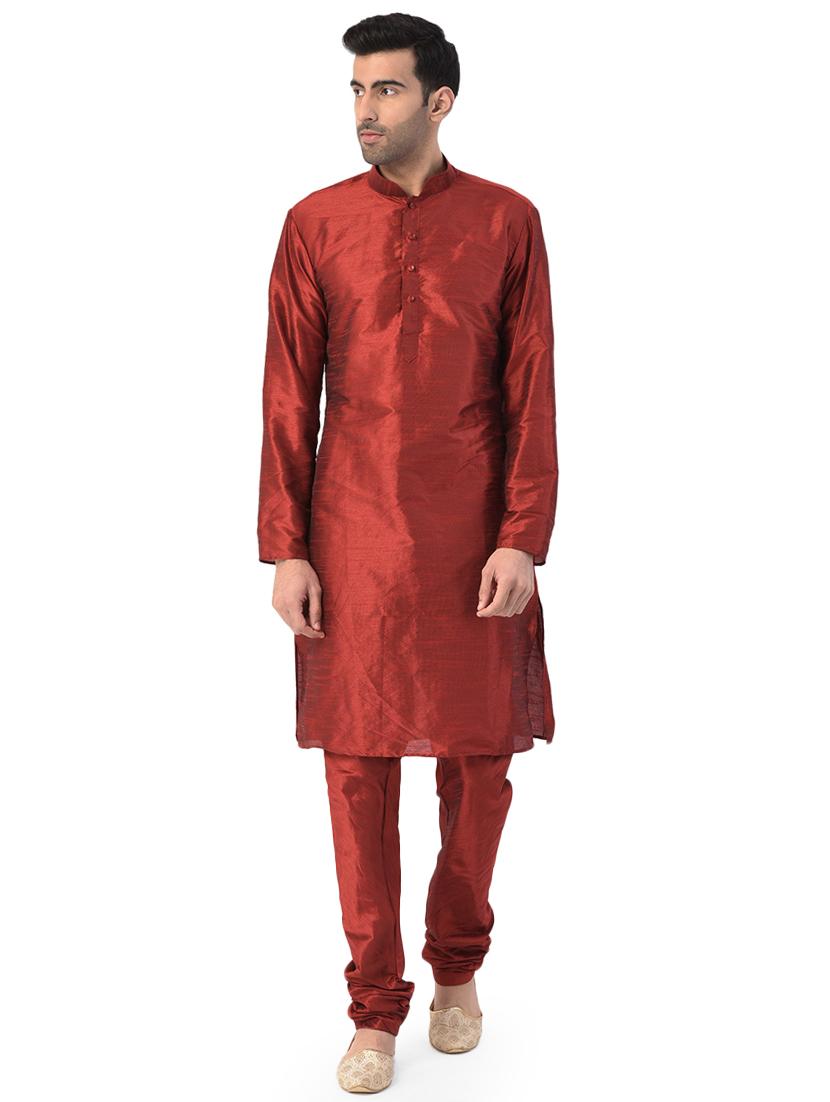 maroon solid kurta pajama ethnic wear set with orange nehru jacket - 17548196 - Zoom Image - 2