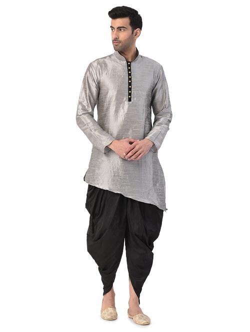 silver solid kurta dhoti ethnic wear set - 17548230 - Standard Image - 1