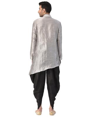 silver solid kurta dhoti ethnic wear set - 17548230 - Standard Image - 3