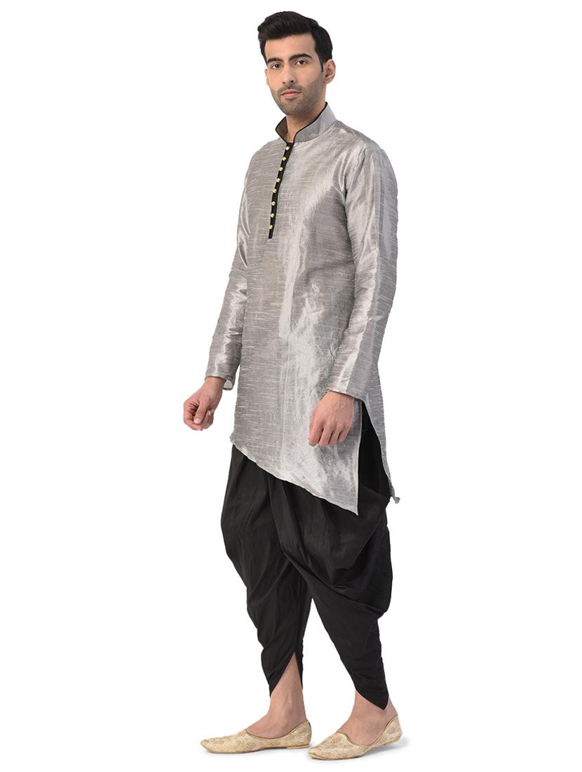 silver solid kurta dhoti ethnic wear set - 17548230 - Zoom Image - 2