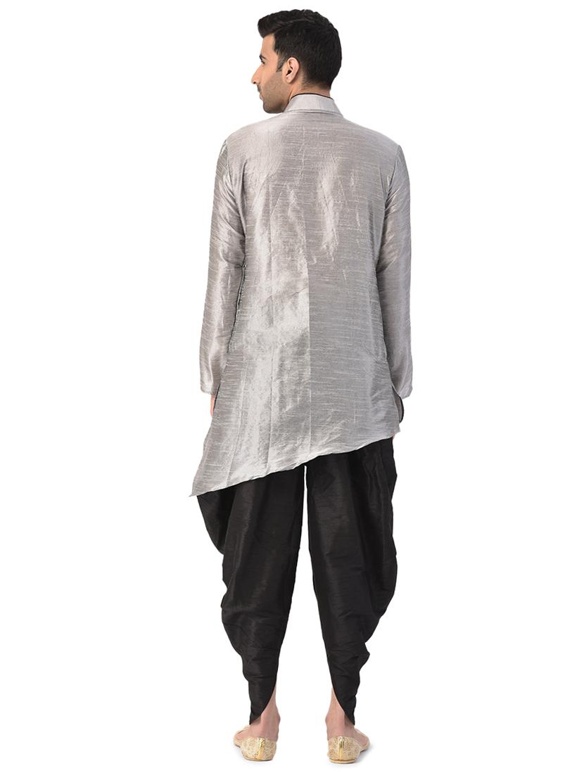 silver solid kurta dhoti ethnic wear set - 17548230 - Zoom Image - 3