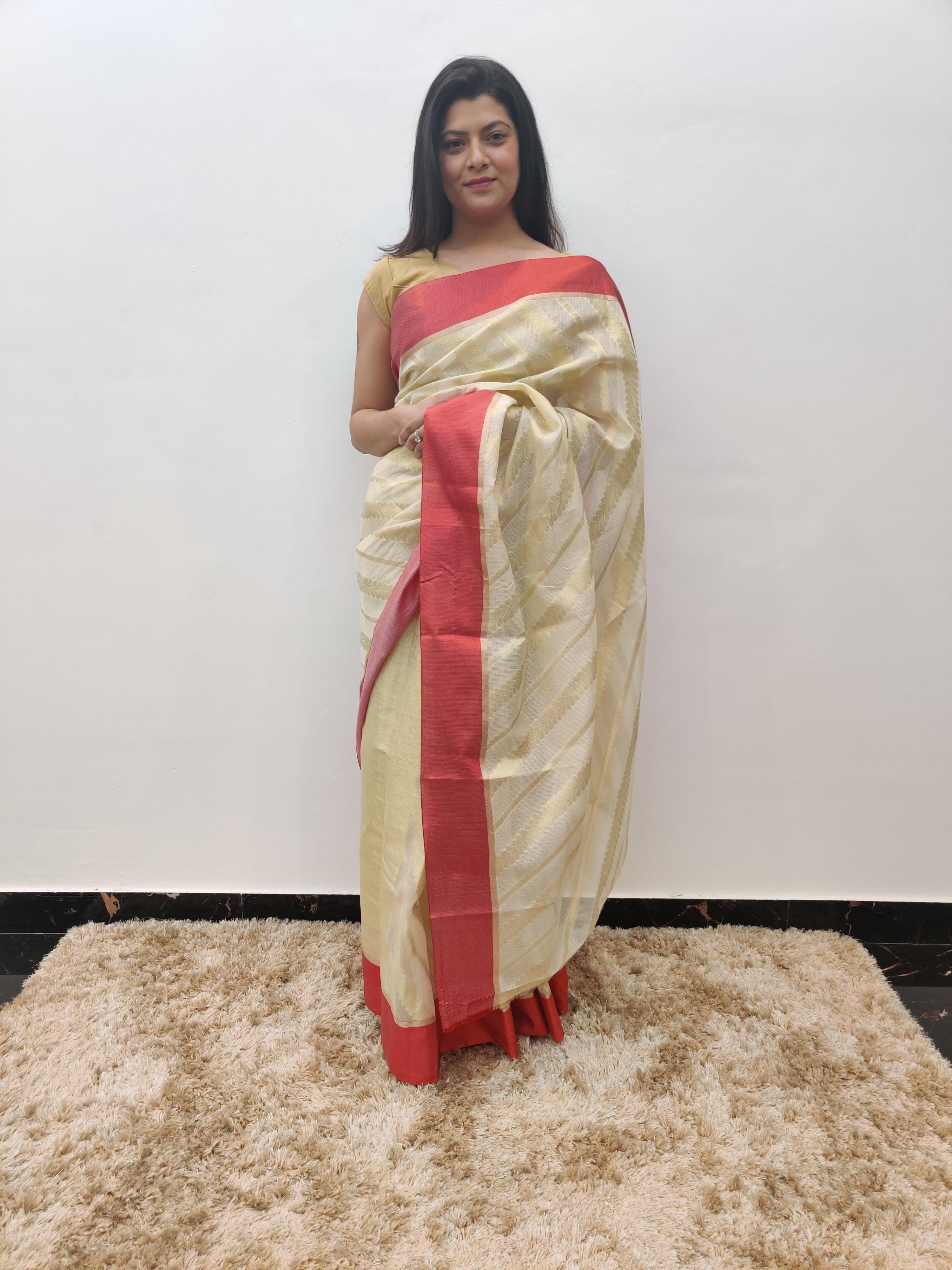 off white monga cotton saree - 17548899 - Zoom Image - 1
