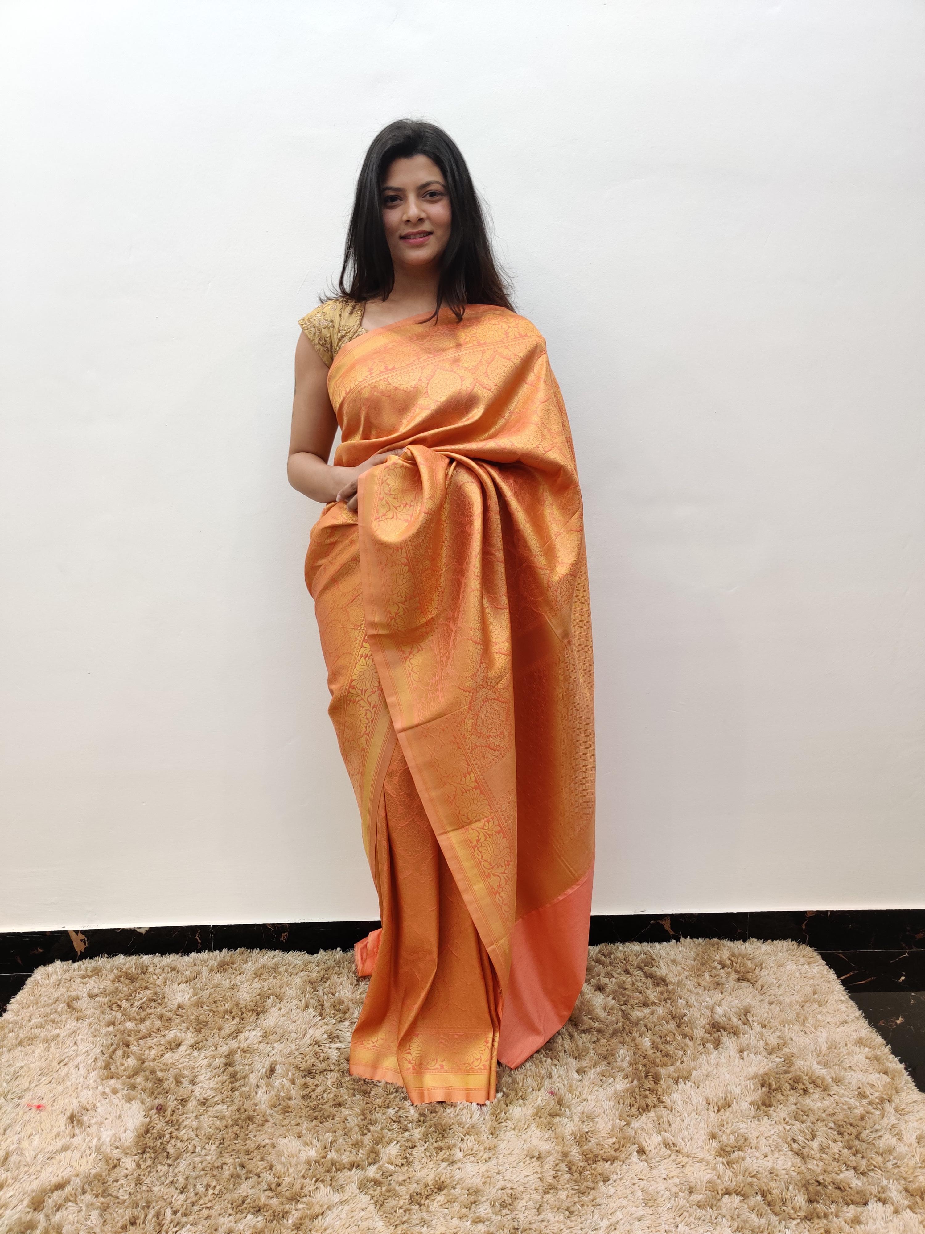 orange crepe banarsi saree - 17548941 - Zoom Image - 1