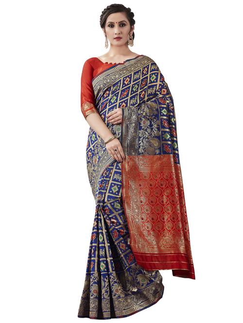 navy silk woven saree with blouse - 17549206 - Standard Image - 1