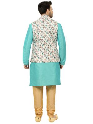 blue kurta pyjama ethnic wear set with white nehru jacket - 17549300 - Standard Image - 2