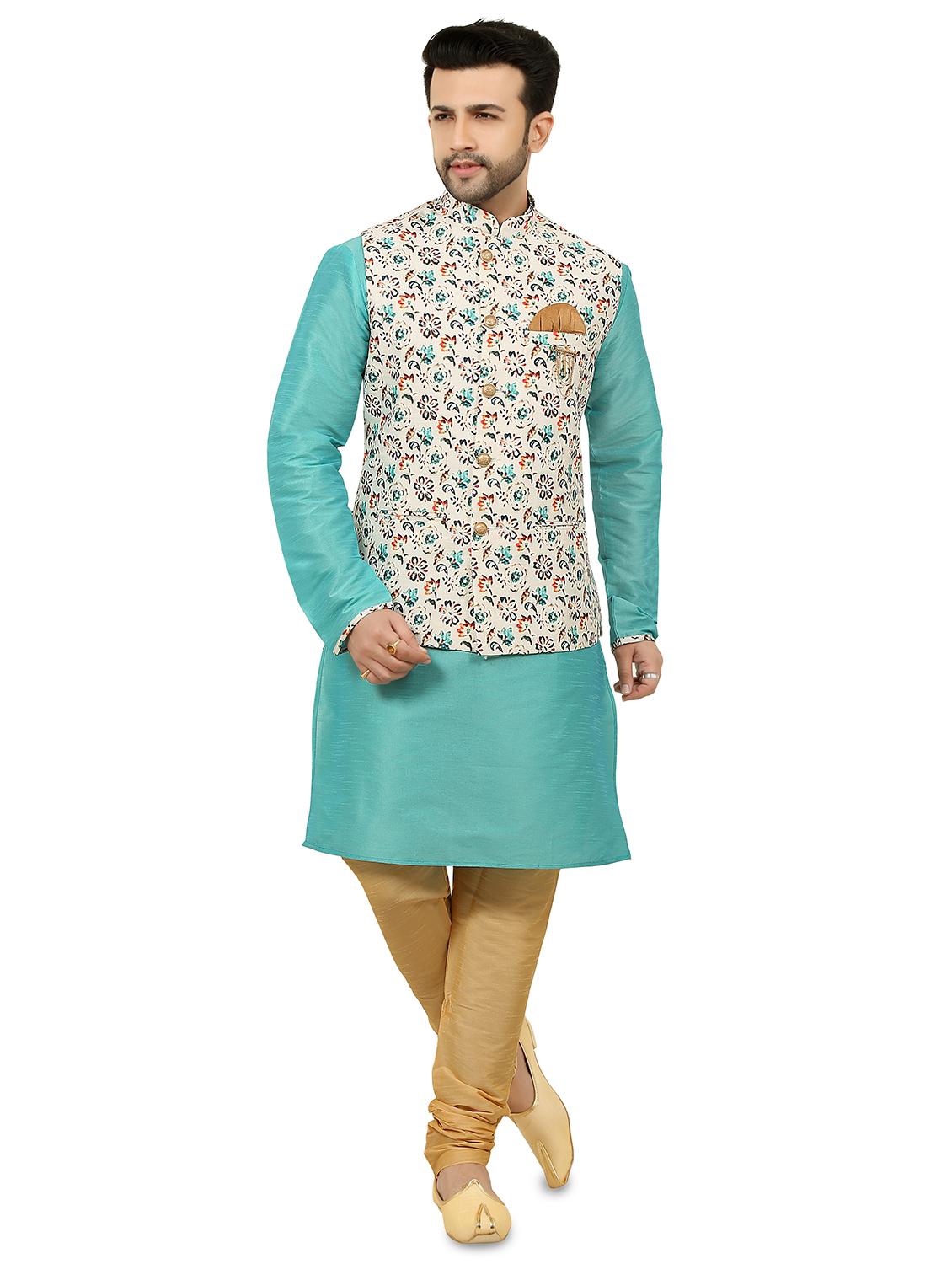 blue kurta pyjama ethnic wear set with white nehru jacket - 17549300 - Zoom Image - 1