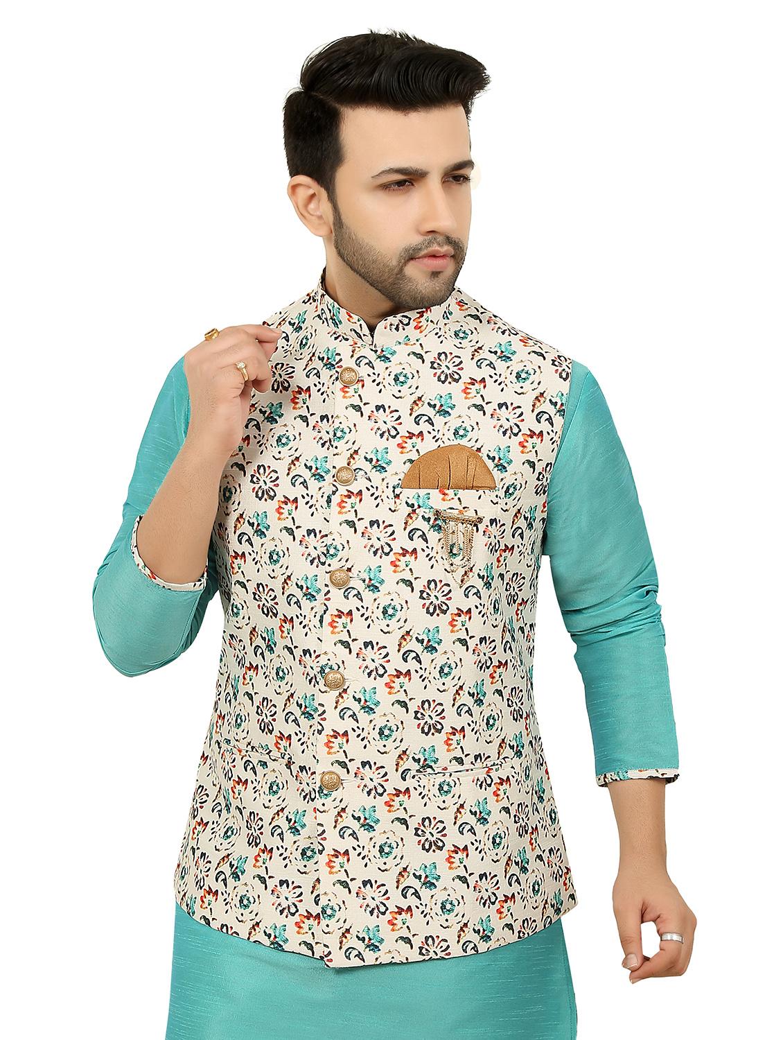 blue kurta pyjama ethnic wear set with white nehru jacket - 17549300 - Zoom Image - 4