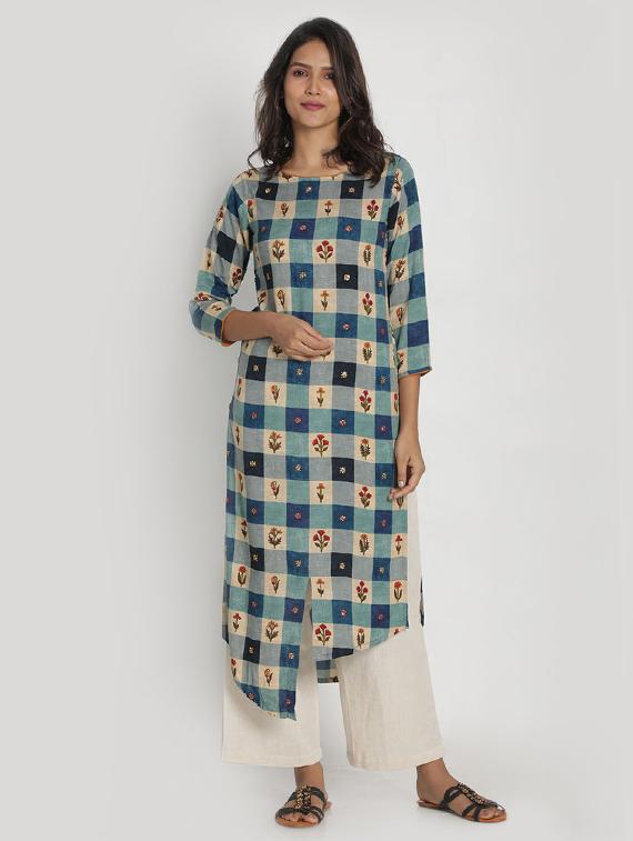 checkered asymmetric kurta - 17550227 - Zoom Image - 1
