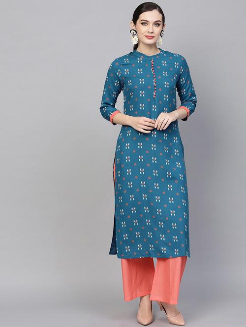 teal straight kurta - 17550657 - Standard Image - 1