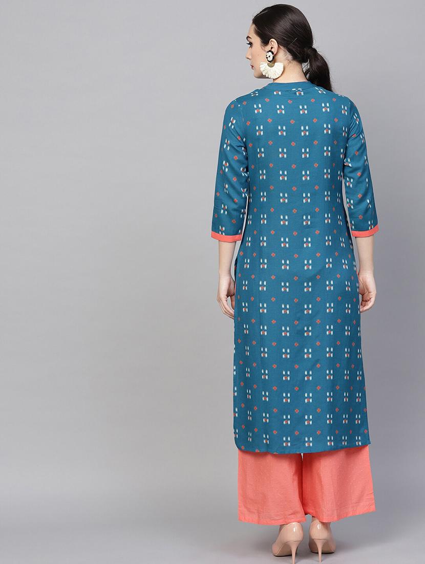 teal straight kurta - 17550657 - Zoom Image - 3