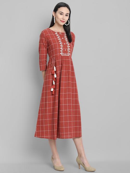 embroidered detail checkered a-line dress - 17550674 - Standard Image - 1
