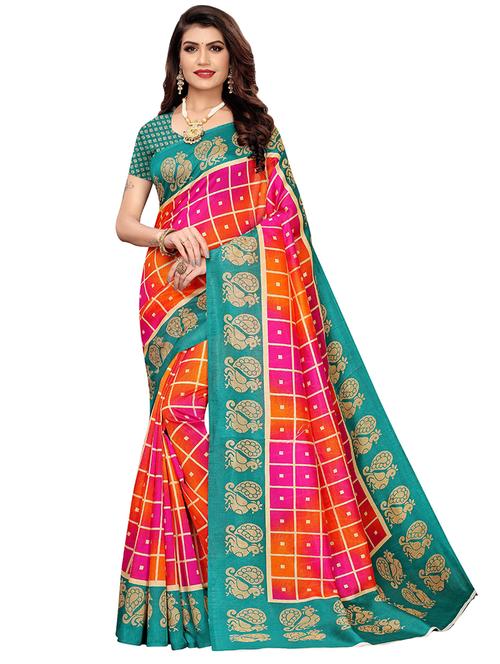 check printed saree with blouse - 17550847 - Standard Image - 1