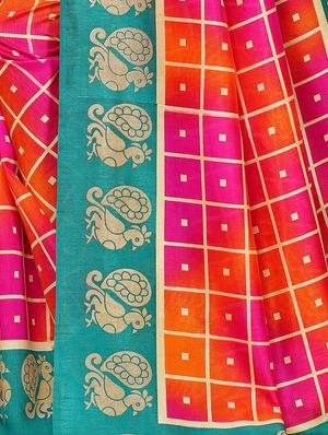 check printed saree with blouse - 17550847 - Standard Image - 4