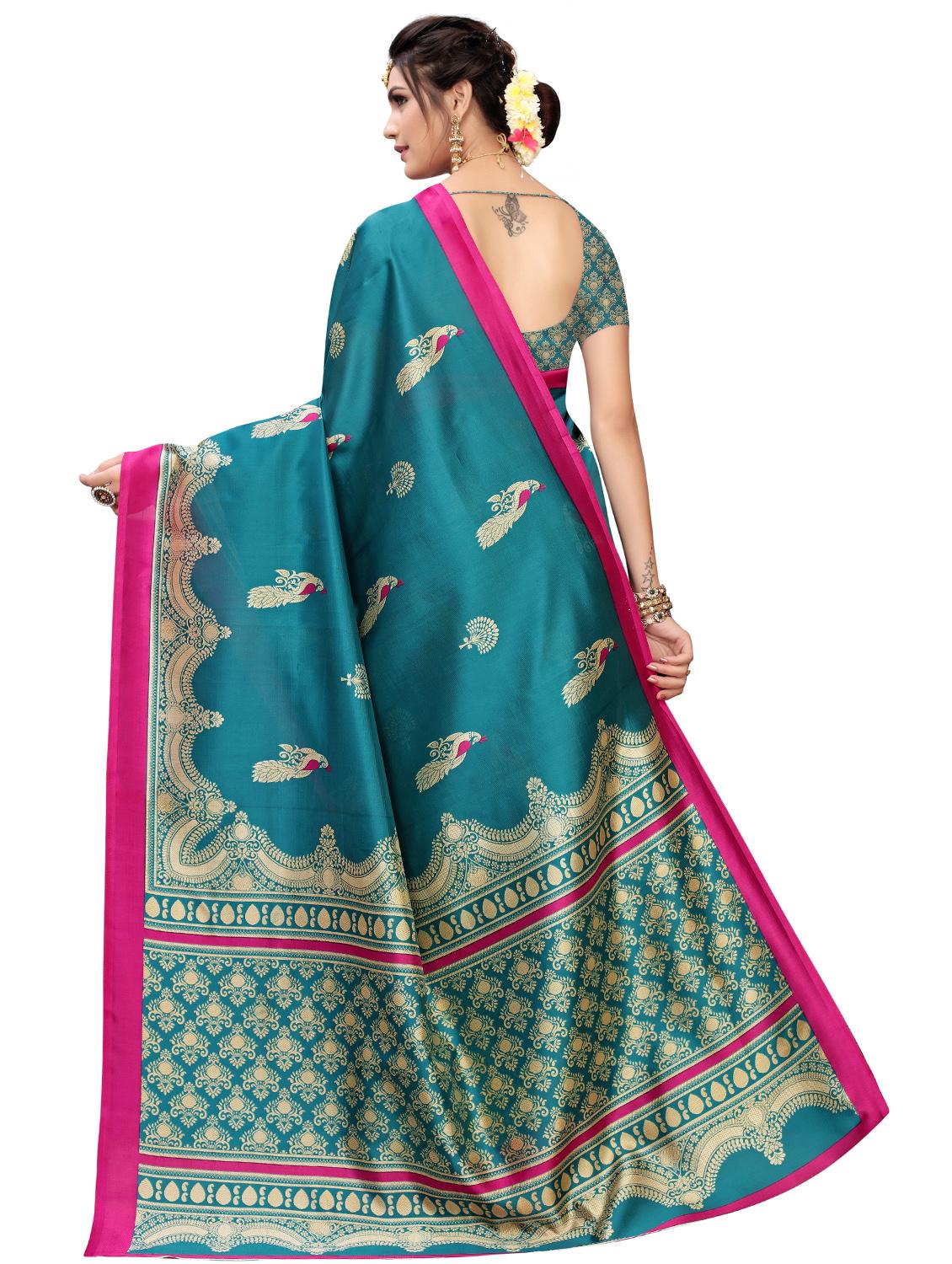 teal self design saree with blouse - 17551051 - Zoom Image - 2