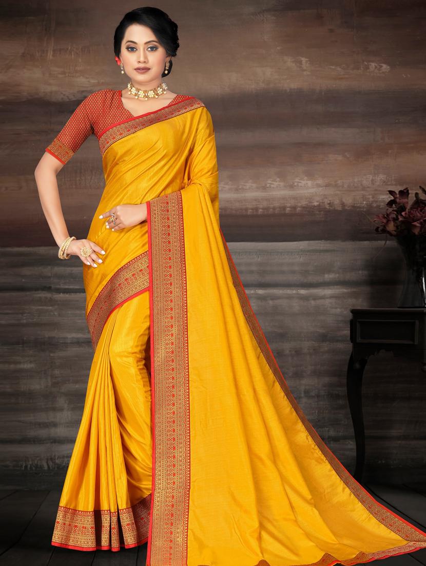 solid bordered saree with blouse - 17551340 - Zoom Image - 1