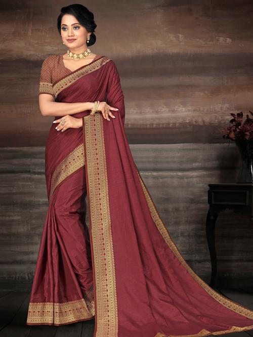 burgundy bordered saree with blouse - 17551342 - Standard Image - 1