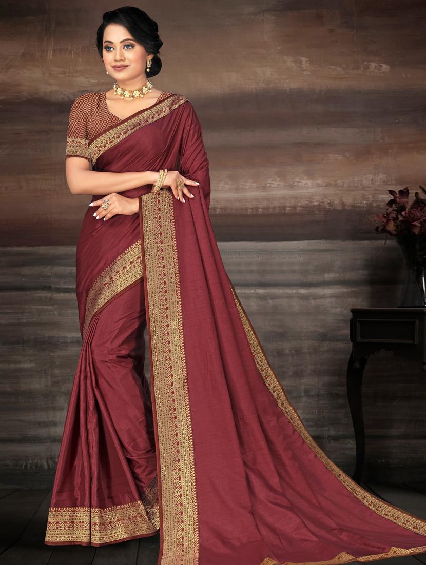burgundy bordered saree with blouse - 17551342 - Zoom Image - 1