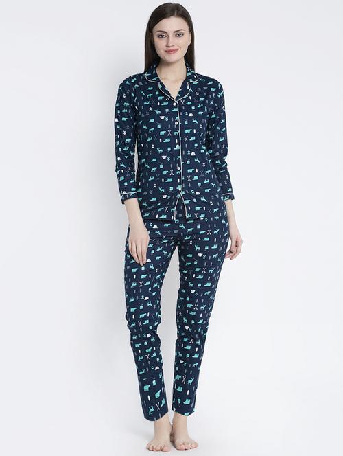 navy blue cotton blend pyjama nightwear set - 17551385 - Standard Image - 1