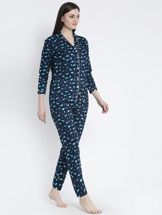 navy blue cotton blend pyjama nightwear set - 17551385 - Zoom Image - 2