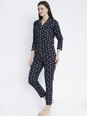 navy blue cotton blend pyjama nightwear set - 17551393 - Standard Image - 2