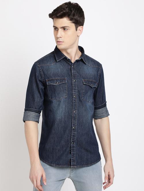 blue denim casual shirt - 17552472 - Standard Image - 1