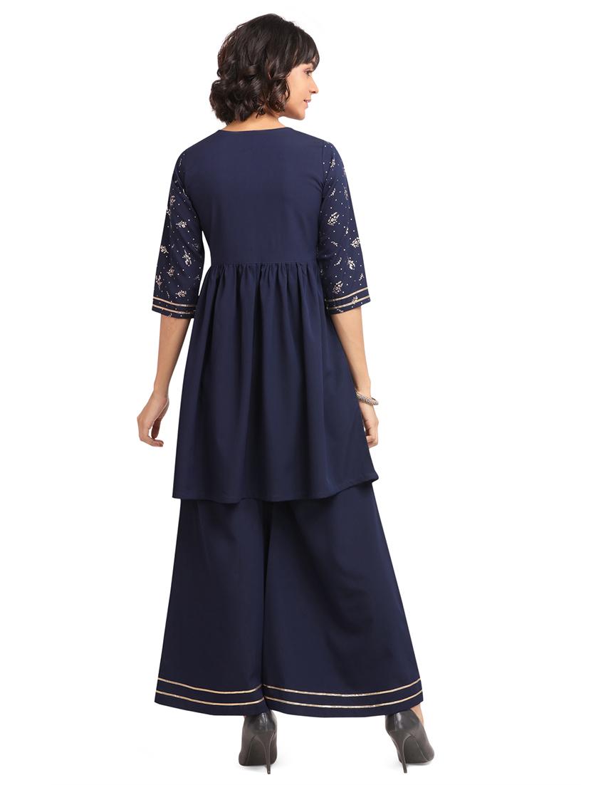 printed navy flared kurta - 17553711 - Zoom Image - 3