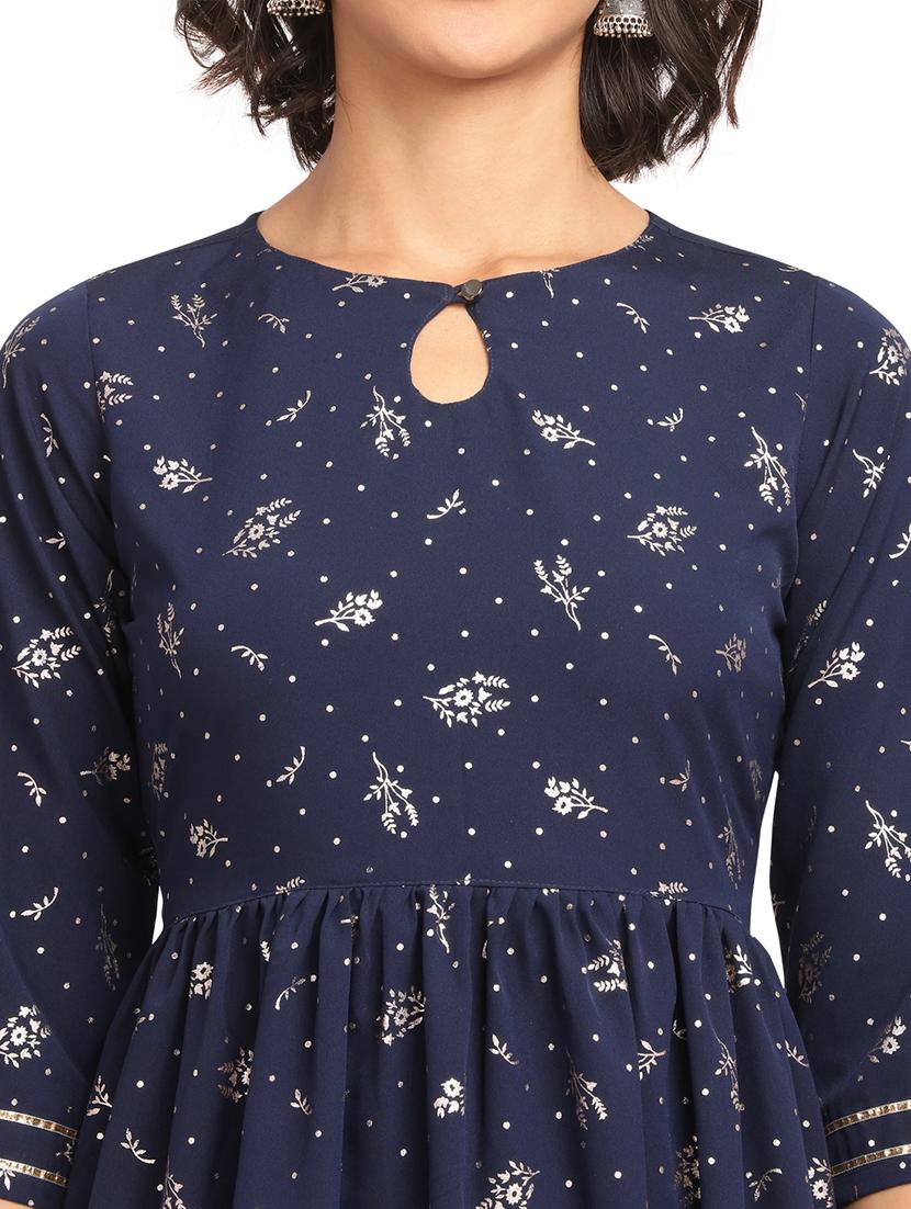 printed navy flared kurta - 17553711 - Zoom Image - 4
