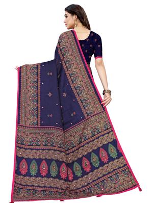 blue linen fusion saree with blouse - 17553831 - Standard Image - 2