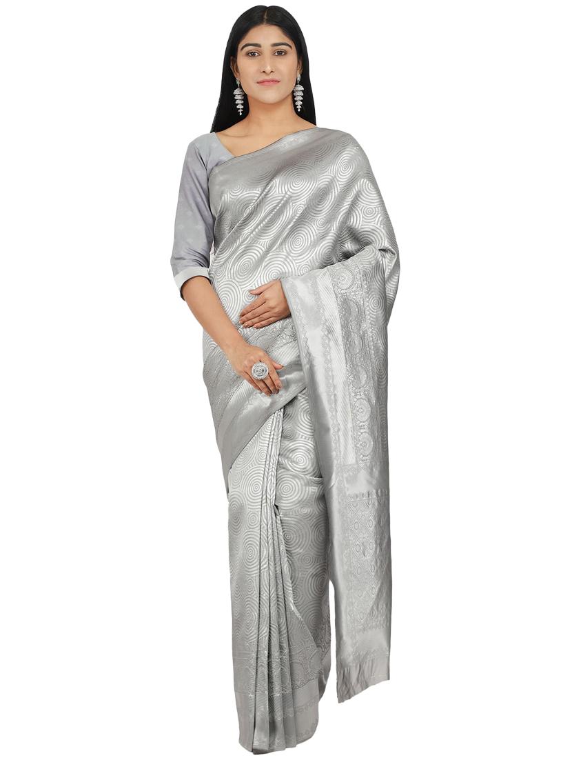 silver art silk banarasi saree with blouse - 17553889 - Zoom Image - 1