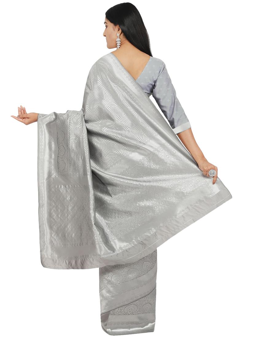 silver art silk banarasi saree with blouse - 17553889 - Zoom Image - 2