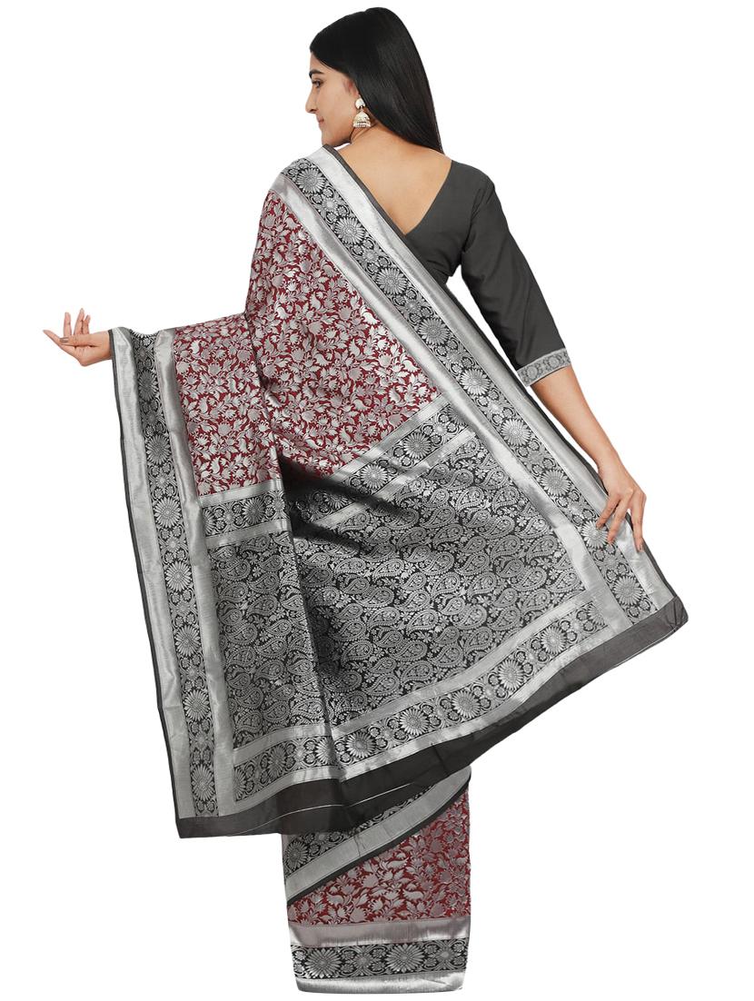 maroon art silk banarasi saree with blouse - 17553893 - Zoom Image - 2