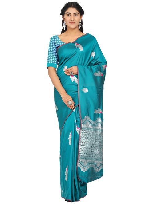 turquoise silk blend banarasi saree with blouse - 17553895 - Standard Image - 1