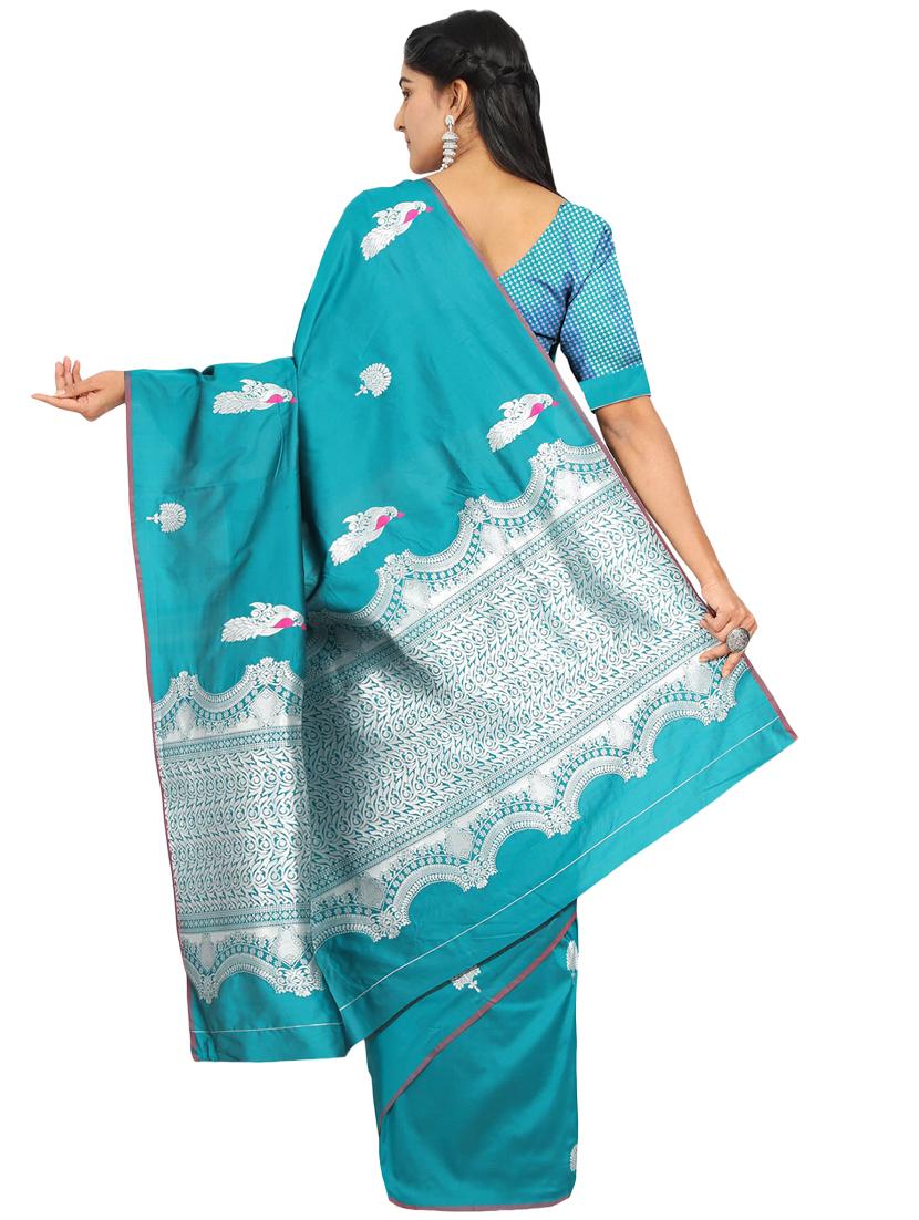 turquoise silk blend banarasi saree with blouse - 17553895 - Zoom Image - 2