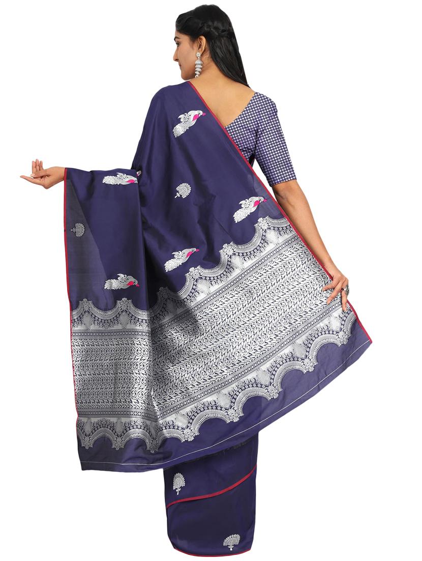 navy silk blend banarasi saree with blouse - 17553898 - Zoom Image - 2