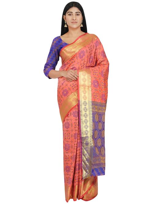 coral banarasi saree with blouse - 17553903 - Standard Image - 1