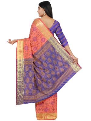 coral banarasi saree with blouse - 17553903 - Standard Image - 2