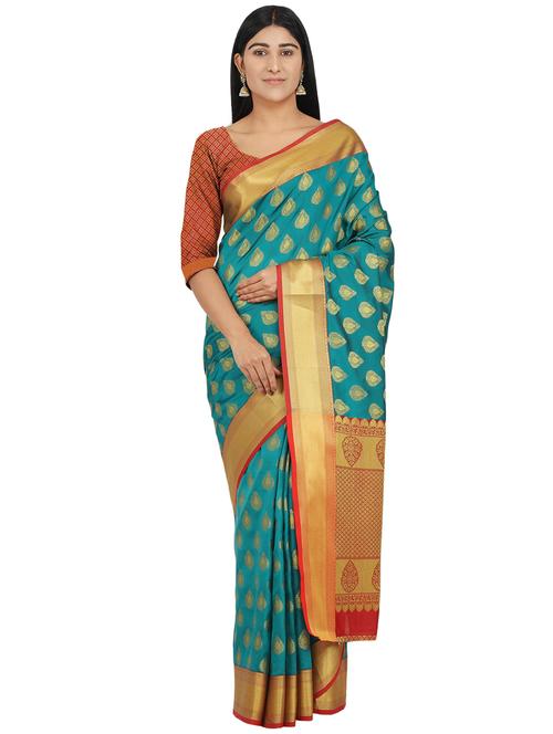 turquoise silk blend banarasi saree with blouse - 17553912 - Standard Image - 1