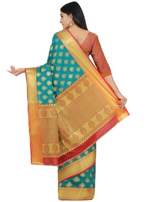 turquoise silk blend banarasi saree with blouse - 17553912 - Standard Image - 2