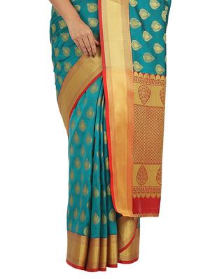 turquoise silk blend banarasi saree with blouse - 17553912 - Standard Image - 3