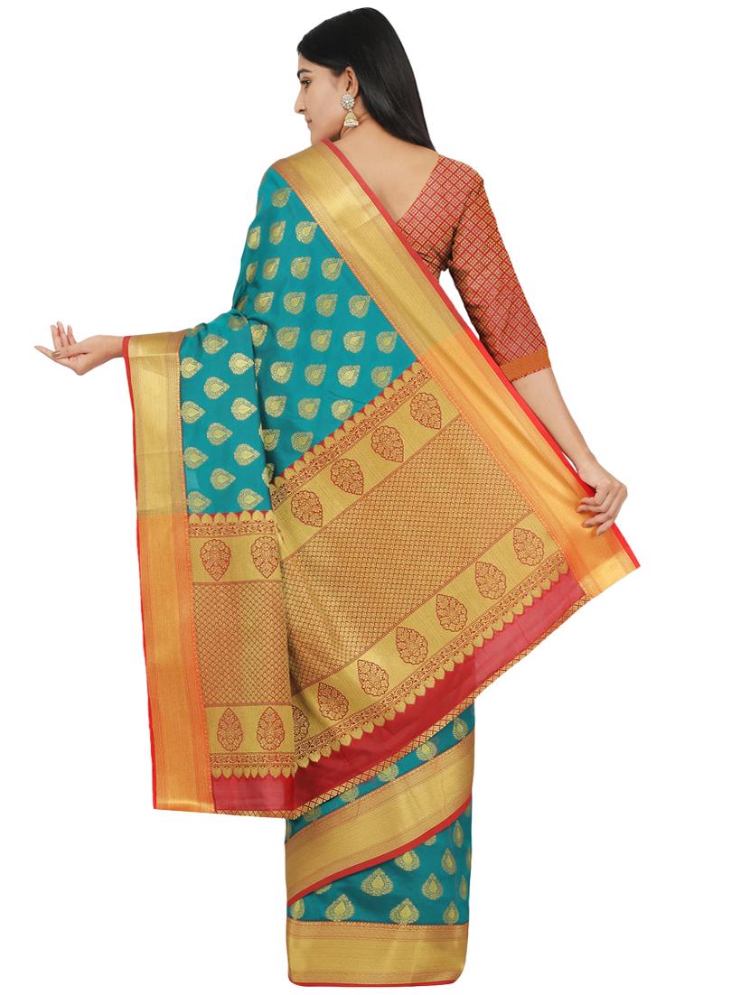 turquoise silk blend banarasi saree with blouse - 17553912 - Zoom Image - 2