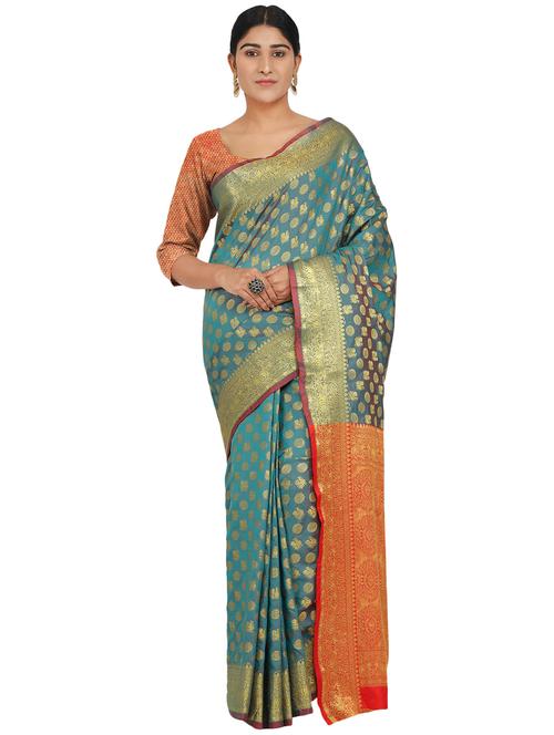 turquoise silk blend banarasi saree with blouse - 17553921 - Standard Image - 1
