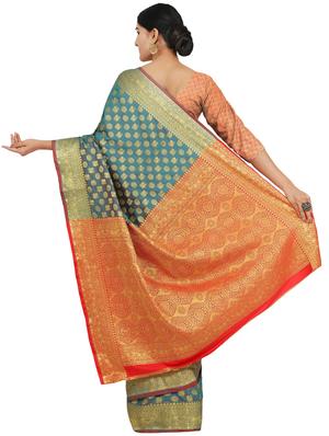 turquoise silk blend banarasi saree with blouse - 17553921 - Standard Image - 2