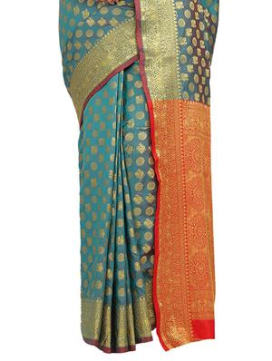 turquoise silk blend banarasi saree with blouse - 17553921 - Standard Image - 3
