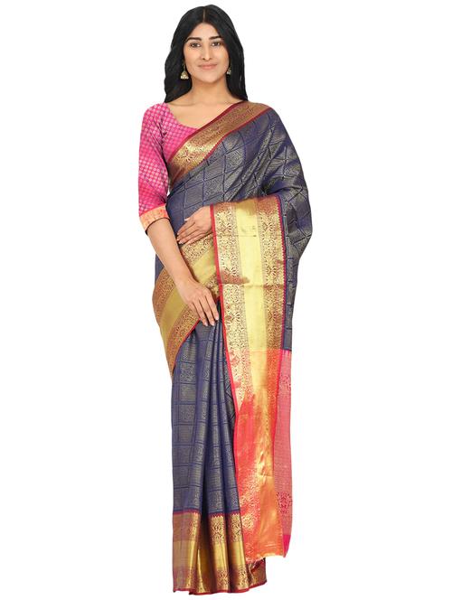 navy silk blend banarasi saree with blouse - 17553929 - Standard Image - 1