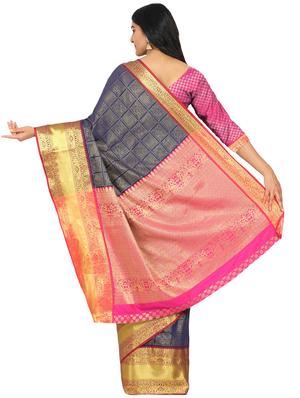 navy silk blend banarasi saree with blouse - 17553929 - Standard Image - 2