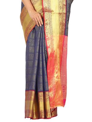 navy silk blend banarasi saree with blouse - 17553929 - Standard Image - 3
