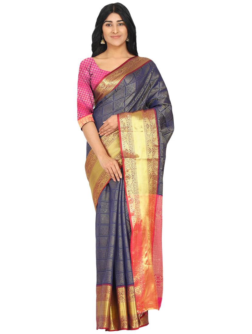 navy silk blend banarasi saree with blouse - 17553929 - Zoom Image - 1