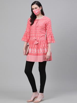 printed a-line kurti with face mask - 17554198 - Standard Image - 4